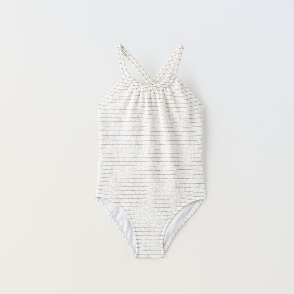 NWT Zara 8-9Y halter neck textured one piece bathing suit with shiny stripes